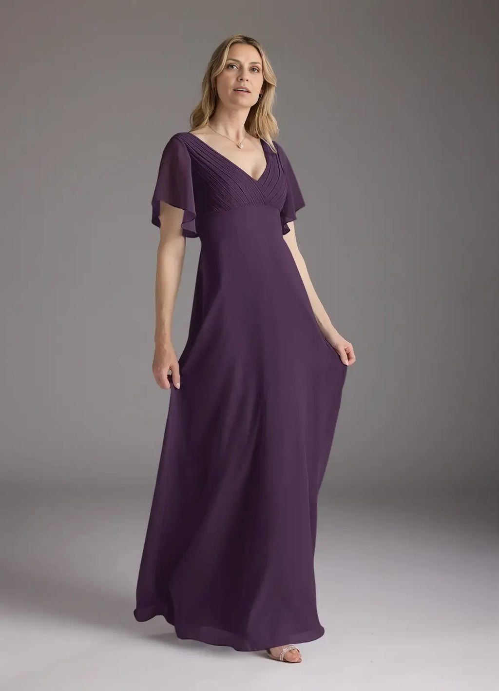 Plum A-Line V-Neck Pleated Floor-Length Dress Flutter Sleeve Solid Color Simple V-Neck Back Zip Mother of the Bride Dress