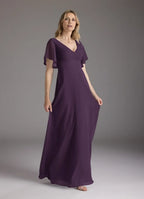 Plum A-Line V-Neck Pleated Floor-Length Dress Flutter Sleeve Solid Color Simple V-Neck Back Zip Mother of the Bride Dress