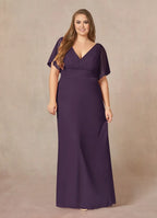 Plum A-Line V-Neck Pleated Floor-Length Dress Flutter Sleeve Solid Color Simple V-Neck Back Zip Plus Size Mother of the Bride Dress