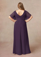 Plum A-Line V-Neck Pleated Floor-Length Dress Flutter Sleeve Solid Color Simple V-Neck Back Zip Plus Size Mother of the Bride Dress