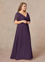 Plum A-Line V-Neck Pleated Floor-Length Dress Flutter Sleeve Solid Color Simple V-Neck Back Zip Plus Size Mother of the Bride Dress
