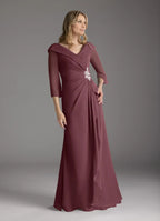 A-Line V-Neck Pleated Floor-Length Dress Three-Quarter Sleeve Solid Color Elegant Mother of the Bride Dress