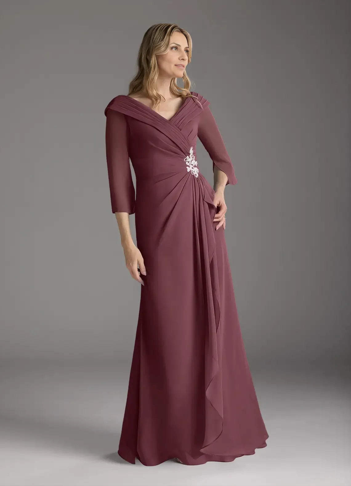 A-Line V-Neck Pleated Floor-Length Dress Three-Quarter Sleeve Solid Color Elegant Mother of the Bride Dress