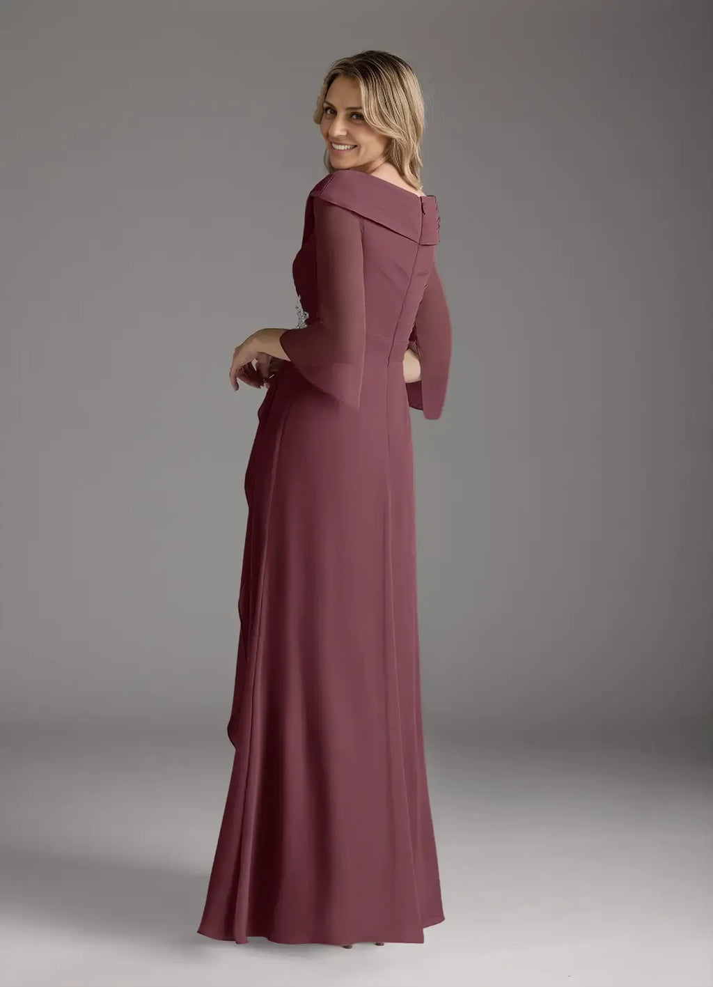 A-Line V-Neck Pleated Floor-Length Dress Three-Quarter Sleeve Solid Color Elegant Mother of the Bride Dress