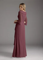 A-Line V-Neck Pleated Floor-Length Dress Three-Quarter Sleeve Solid Color Elegant Mother of the Bride Dress