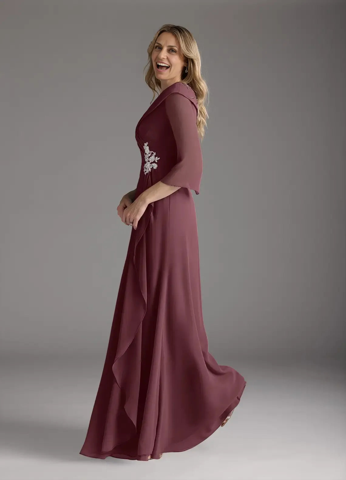 A-Line V-Neck Pleated Floor-Length Dress Three-Quarter Sleeve Solid Color Elegant Mother of the Bride Dress