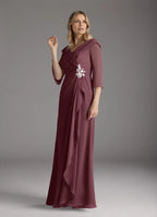 A-Line V-Neck Pleated Floor-Length Dress Three-Quarter Sleeve Solid Color Elegant Mother of the Bride Dress