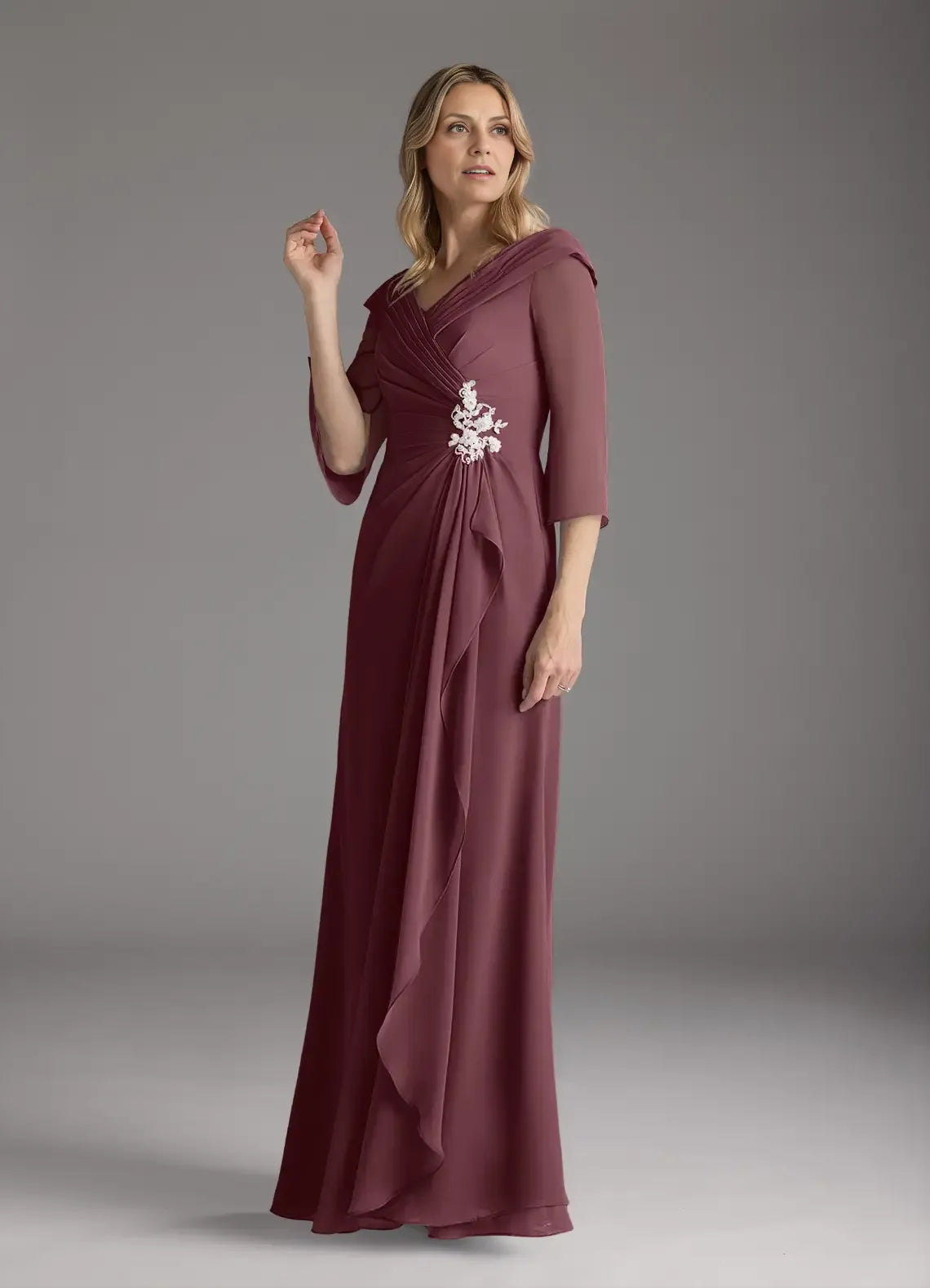 A-Line V-Neck Pleated Floor-Length Dress Three-Quarter Sleeve Solid Color Elegant Mother of the Bride Dress