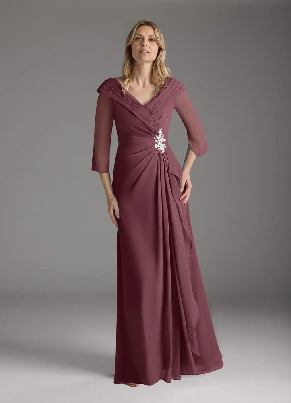 A-Line V-Neck Pleated Floor-Length Dress Three-Quarter Sleeve Solid Color Elegant Mother of the Bride Dress