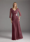A-Line V-Neck Pleated Floor-Length Dress Three-Quarter Sleeve Solid Color Elegant Mother of the Bride Dress
