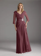 A-Line V-Neck Pleated Floor-Length Dress Three-Quarter Sleeve Solid Color Elegant Mother of the Bride Dress