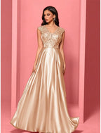 A-Line V-Neck Pleated Sequins Satin Champagne Maxi Prom Dress With Pockets