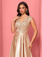 A-Line V-Neck Pleated Sequins Satin Champagne Maxi Prom Dress With Pockets