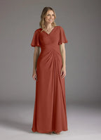 Dress A-Line V-Neck Ruched Mother of the Groom Dresses Elegant Ruffle Flutter Sleeves V Back Evening Dress