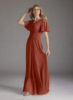 Dress A-Line V-Neck Ruched Mother of the Groom Dresses Elegant Ruffle Flutter Sleeves V Back Evening Dress