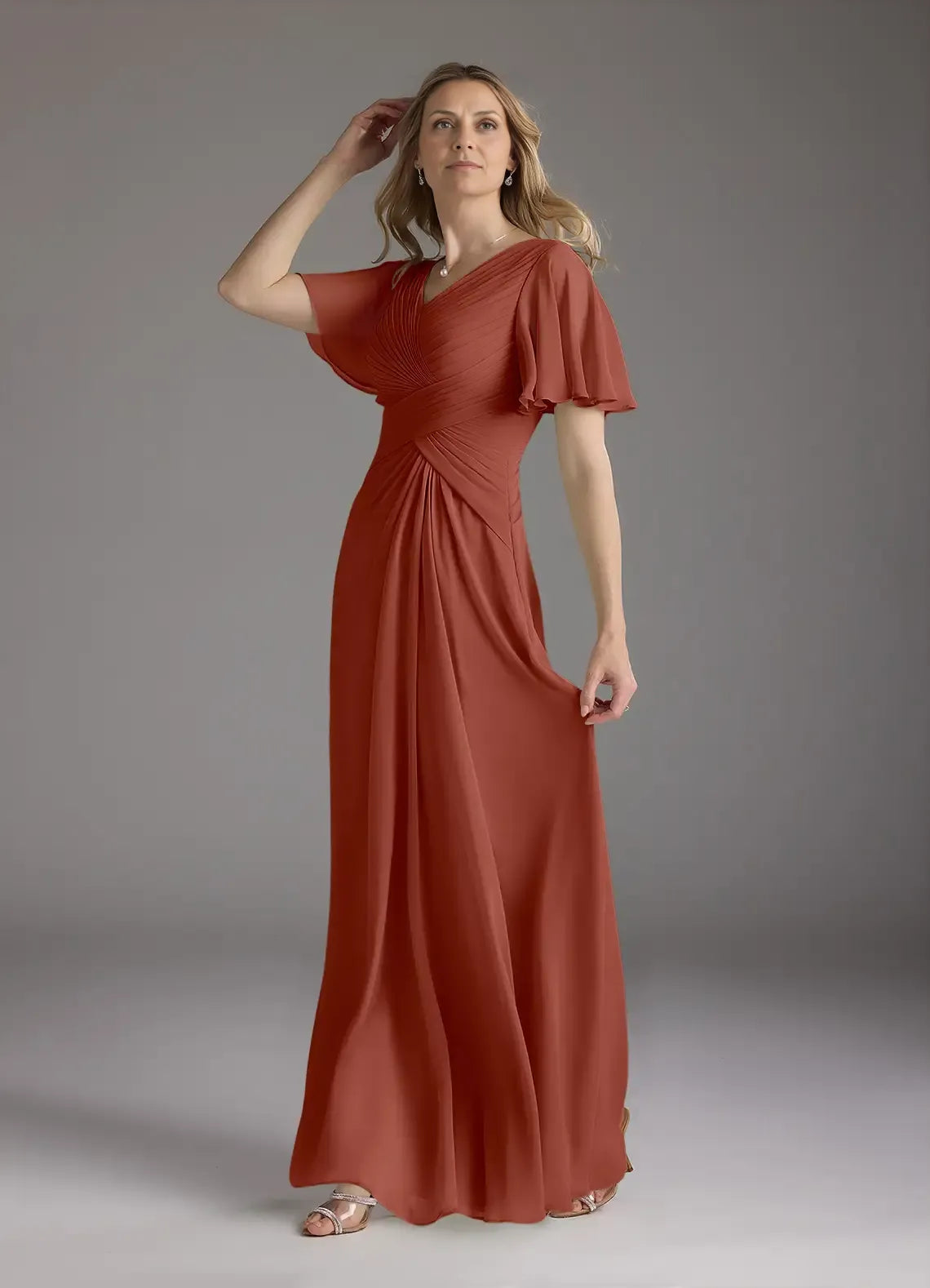 Dress A-Line V-Neck Ruched Mother of the Groom Dresses Elegant Ruffle Flutter Sleeves V Back Evening Dress