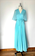 A Line Prom Dress With V Neck Cape Sleeves Pleated Turquoise Chiffon Floor Length Tie Waist For Glam Prom Night