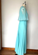 A Line Prom Dress With V Neck Cape Sleeves Pleated Turquoise Chiffon Floor Length Tie Waist For Glam Prom Night