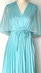 A Line Prom Dress With V Neck Cape Sleeves Pleated Turquoise Chiffon Floor Length Tie Waist For Glam Prom Night