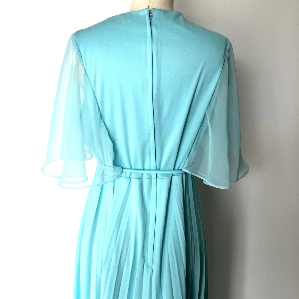 A Line Prom Dress With V Neck Cape Sleeves Pleated Turquoise Chiffon Floor Length Tie Waist For Glam Prom Night