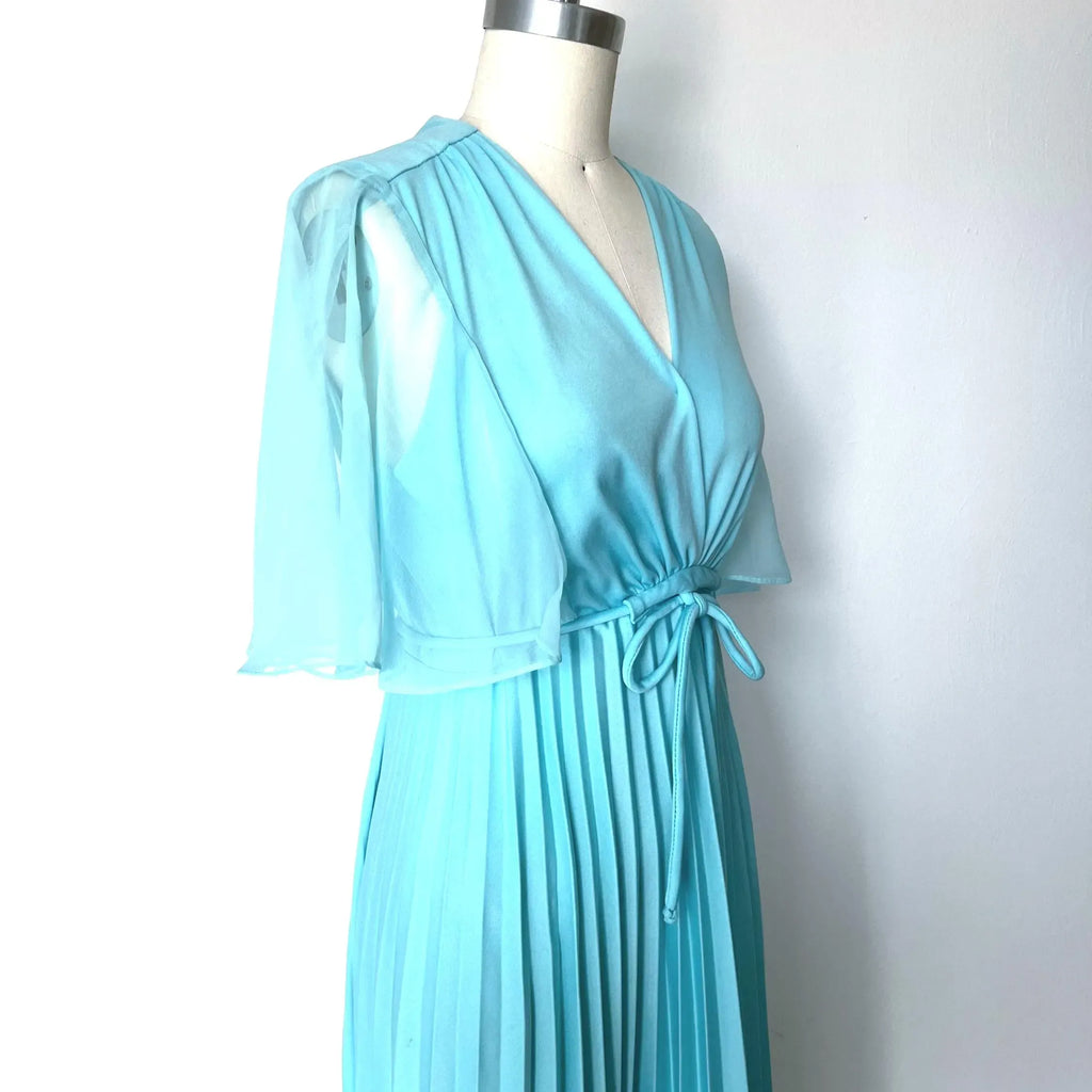 A Line Prom Dress With V Neck Cape Sleeves Pleated Turquoise Chiffon Floor Length Tie Waist For Glam Prom Night
