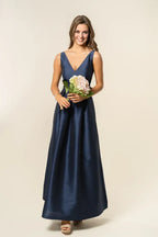 A-Line V Neck Floor-Length Sleeveless Prom Dresses V Back Beautiful Simple Strapless Prom Dresses
