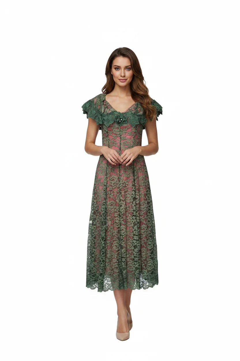 Elegant A Line V Neck Beaded Floral Lace Green Prom Dress With Ruffle And Two Tone Pink Lining For Prom Goers