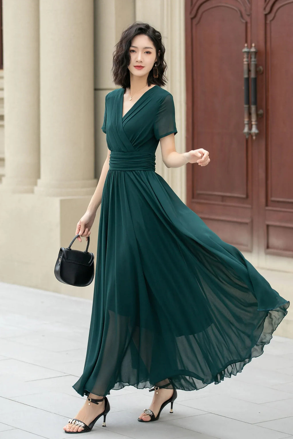 Elegant A Line Prom Dress For Prom Goers With V Neck Chiffon Short Sleeves Flowing Floor Length Green Summer Ready