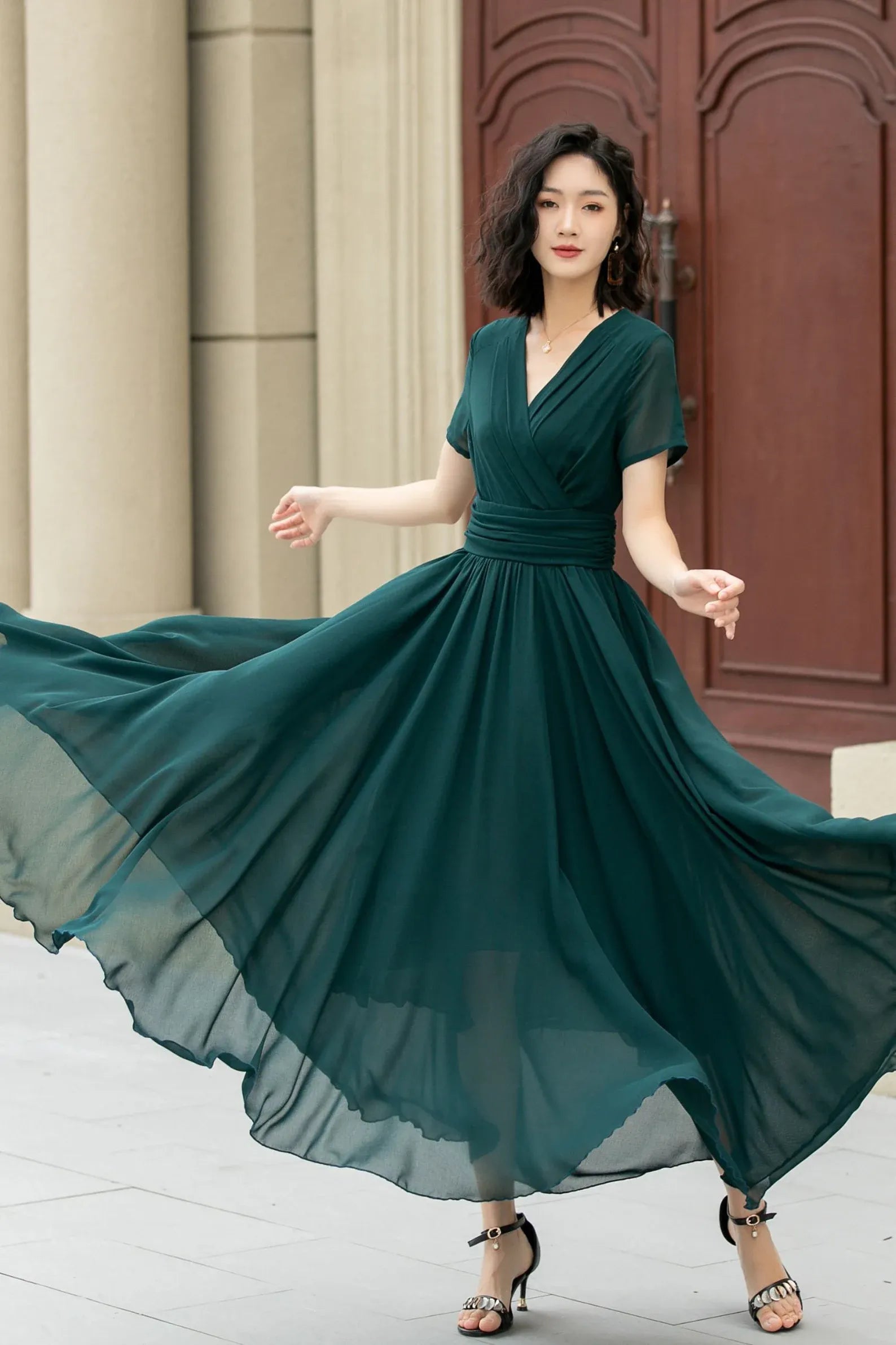 Elegant A Line Prom Dress For Prom Goers With V Neck Chiffon Short Sleeves Flowing Floor Length Green Summer Ready