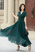 Elegant A Line Prom Dress For Prom Goers With V Neck Chiffon Short Sleeves Flowing Floor Length Green Summer Ready
