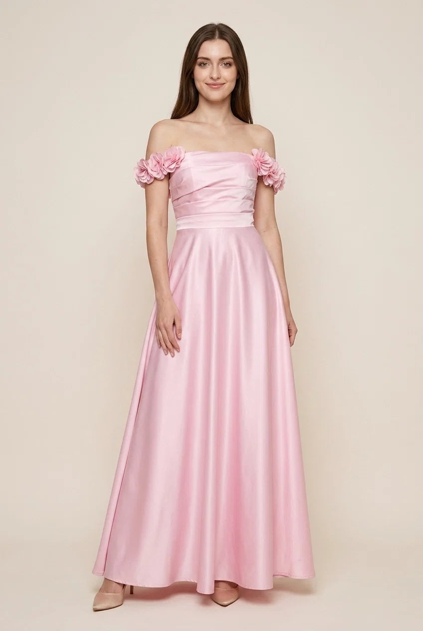 Blush Pink A-Line Off-Shoulder Floral Straps Blush Floor-Length Prom Dress