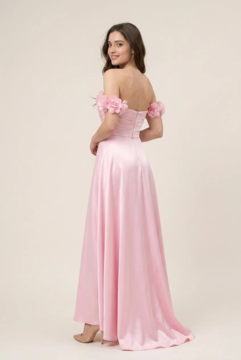 Blush Pink A-Line Off-Shoulder Floral Straps Blush Floor-Length Prom Dress