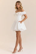 A Line Off The Shoulder Lace Trim Bow White Homecoming Dress With Pockets For Teen Girls