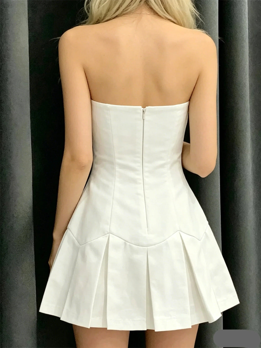 A Line Strapless White Homecoming Dress With Black Bow Pleated Mini Skirt For Ladies