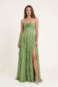 Sage Green A-Line Strapless Ruffled High-Slit Floor-Length Prom Dress