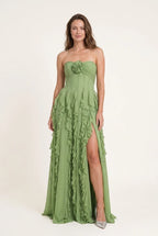 Sage Green A-Line Strapless Ruffled High-Slit Floor-Length Prom Dress