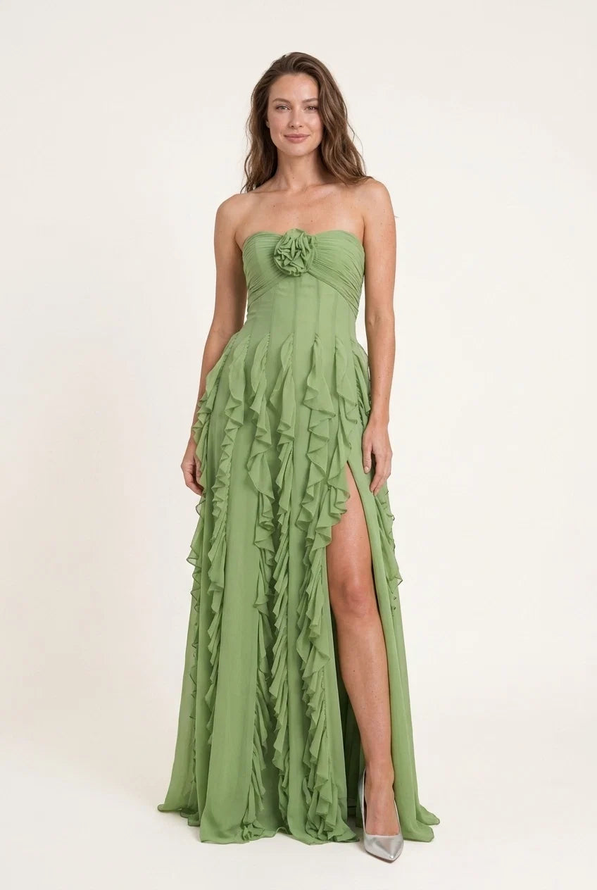 Sage Green A-Line Strapless Ruffled High-Slit Floor-Length Prom Dress