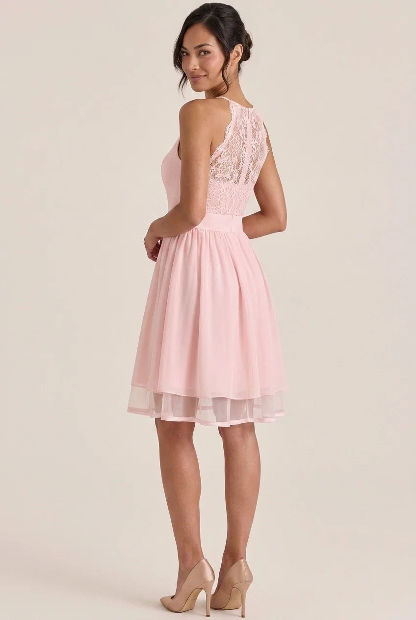 Pink A-Line V-Neck Back Laye Blush Pink Short Homecoming Dresses