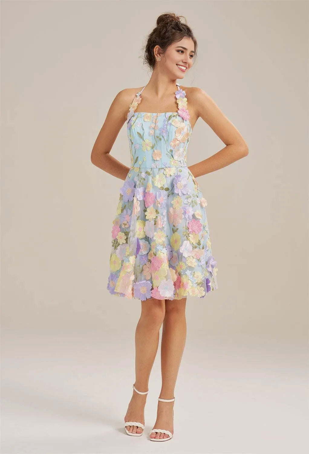 A-line Off the Shoulder Elegant Knee Length Graduation Dresses 3D Floral Embroidered Sleeveless Custom Sexy Homecoming Dresses