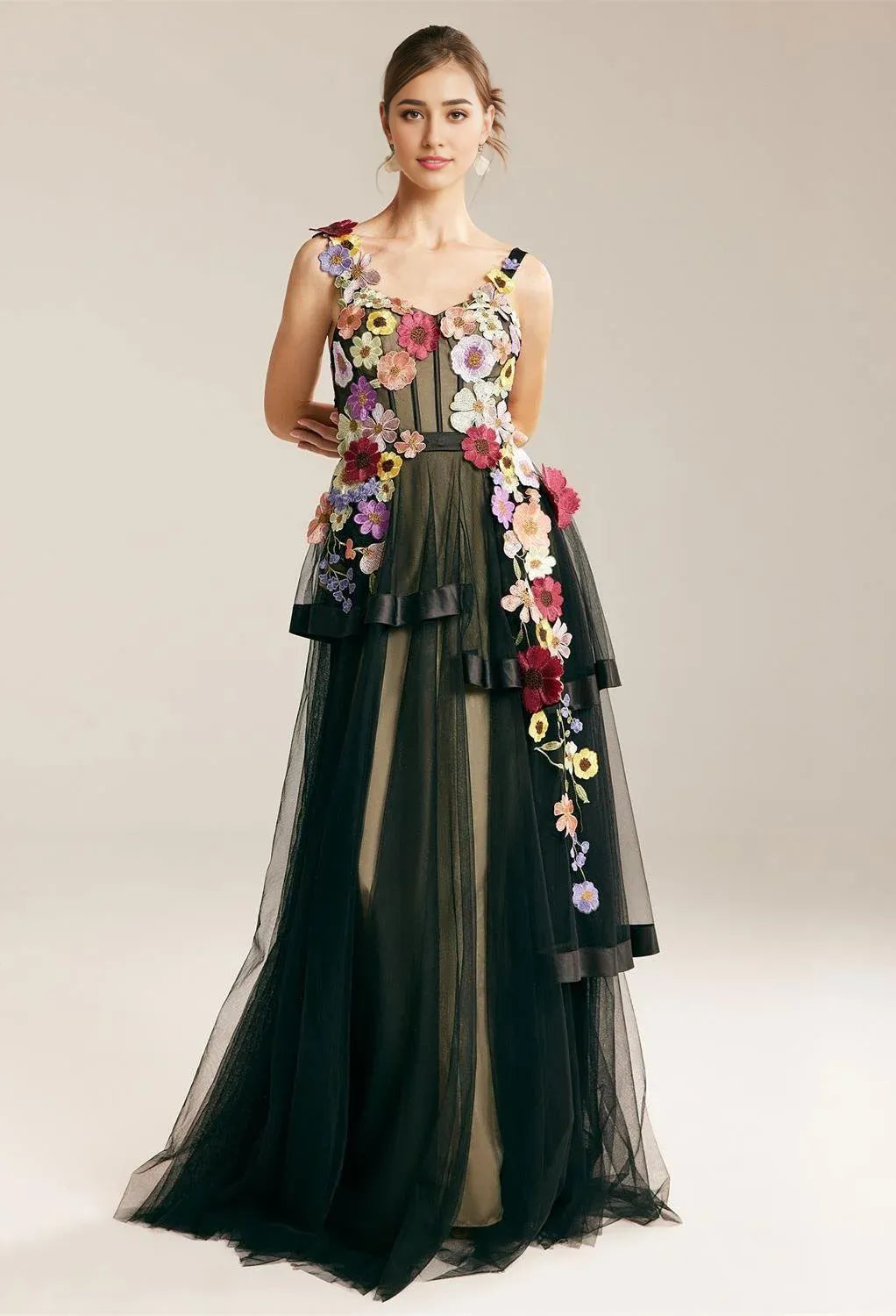 A-line V-Neck Elegant Floor Length Prom Clothes 3D Floral Embroidered Sleeveless Discount Floor Length Prom Dresses