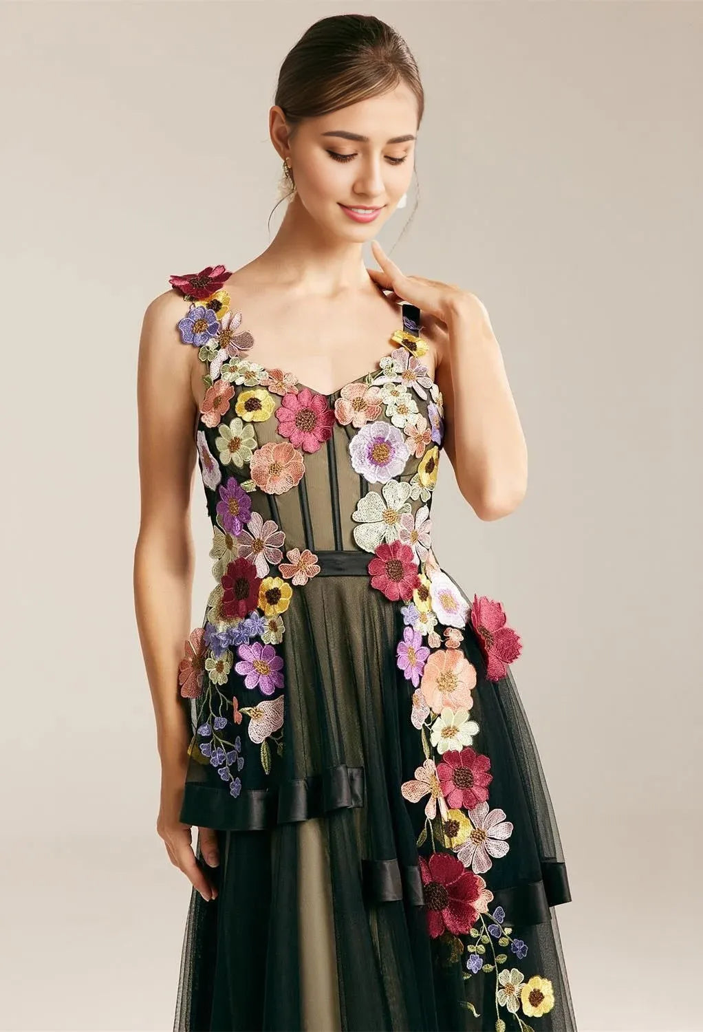 A-line V-Neck Elegant Floor Length Prom Clothes 3D Floral Embroidered Sleeveless Discount Floor Length Prom Dresses