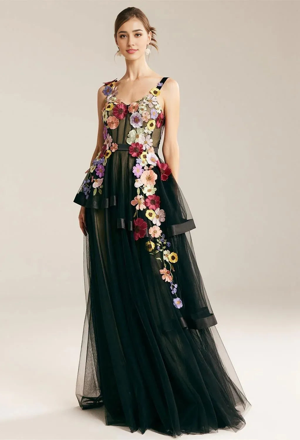 A-line V-Neck Elegant Floor Length Prom Clothes 3D Floral Embroidered Sleeveless Discount Floor Length Prom Dresses