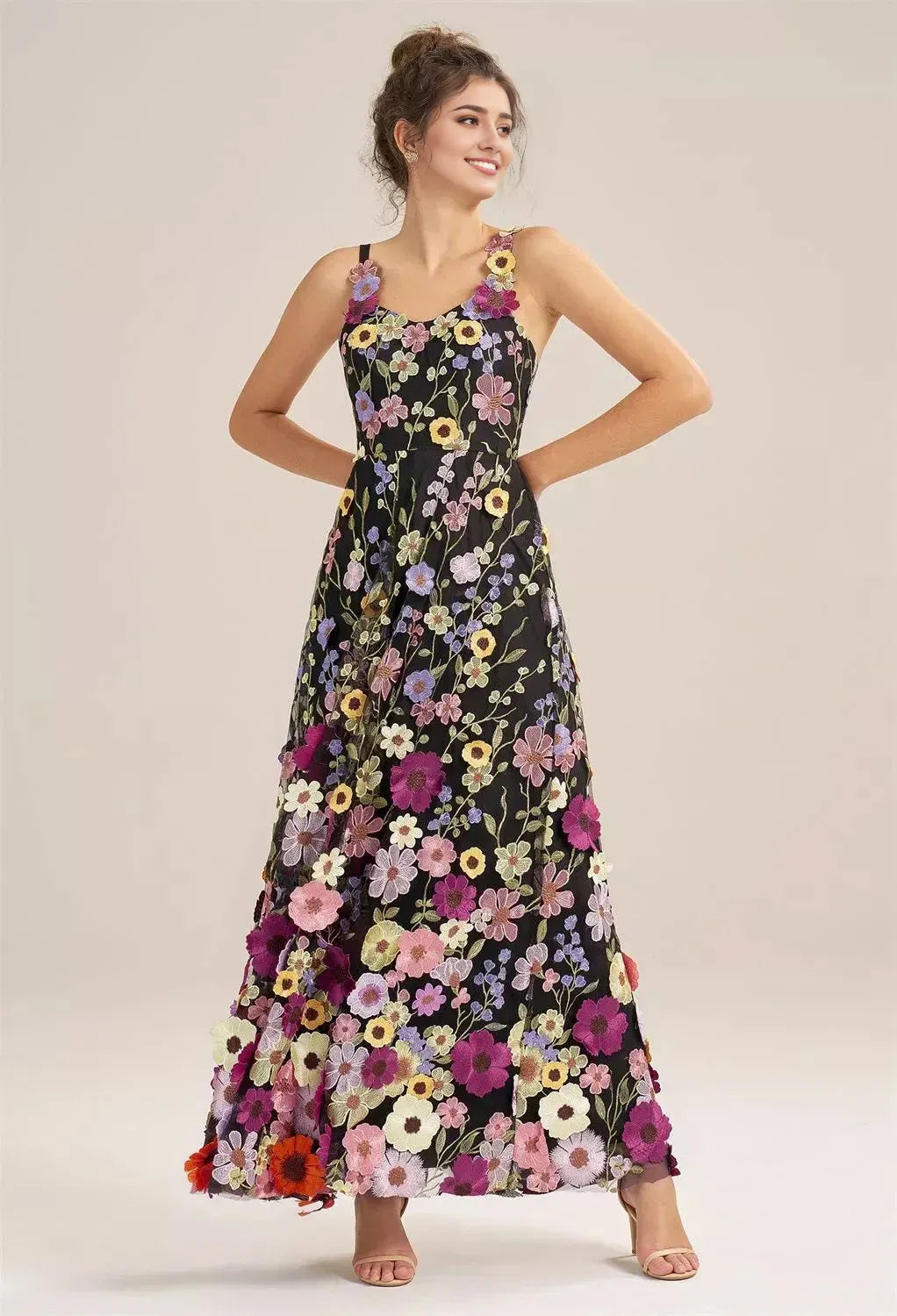 A-line V-Neck Elegant Floor Length Prom Dress 3D Floral Embroidered Sleeveless Hot Sale Long Evening Dresses