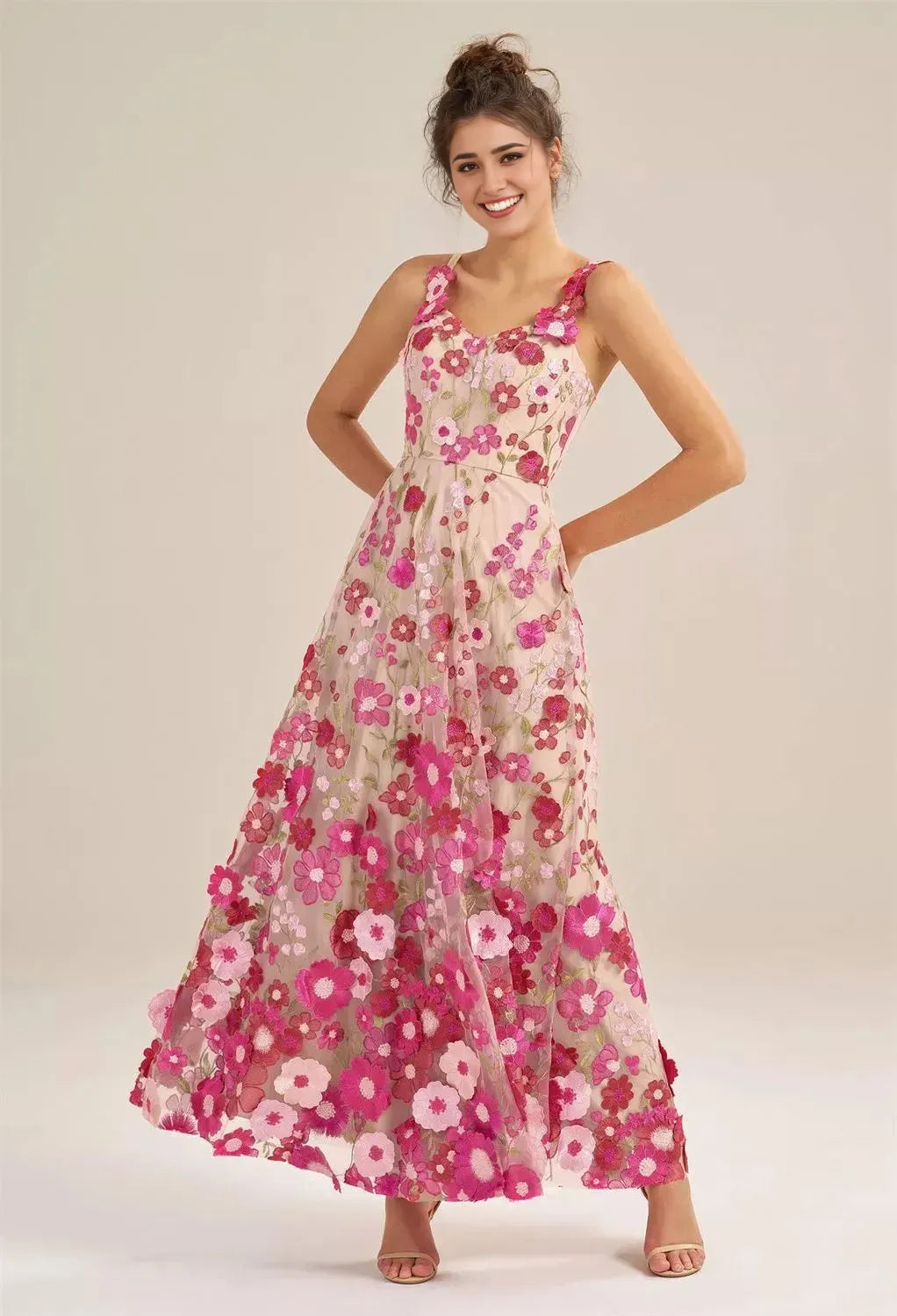 A-line V-Neck Elegant Floor Length Prom Dress 3D Floral Embroidered Sleeveless Hot Sale Long Evening Dresses