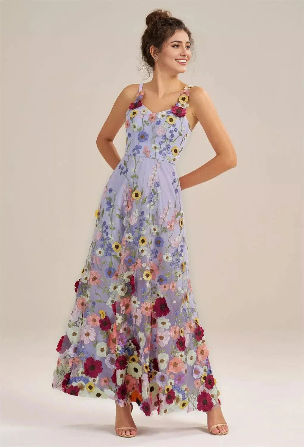 A-line V-Neck Elegant Floor Length Prom Dress 3D Floral Embroidered Sleeveless Hot Sale Long Evening Dresses