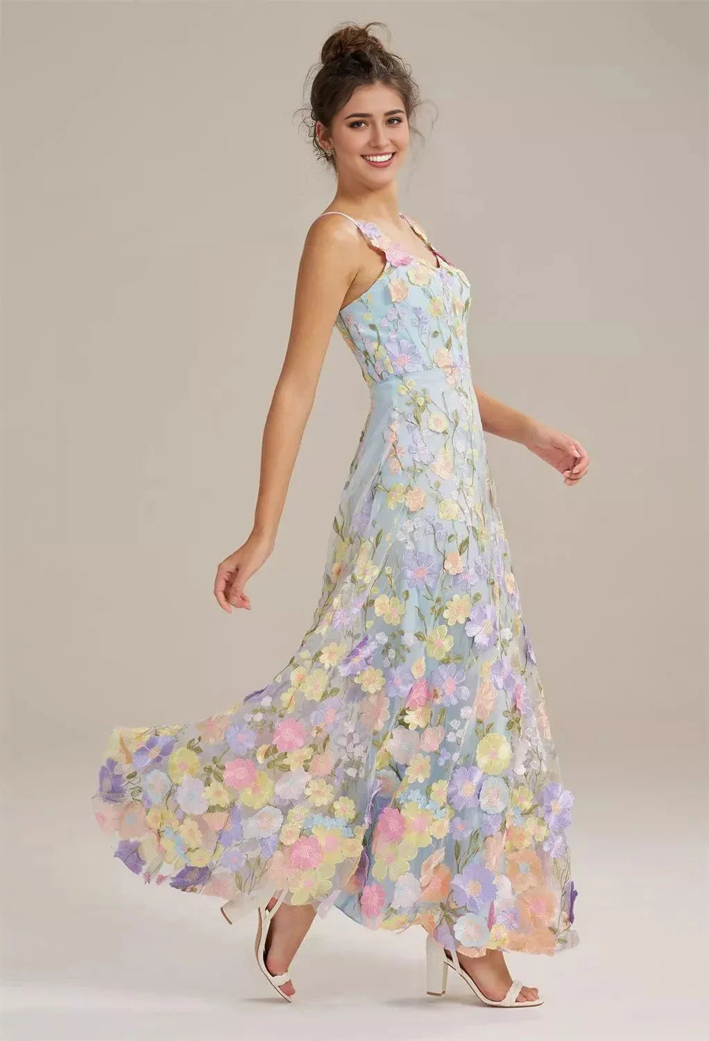 A-line V-Neck Elegant Floor Length Prom Dress 3D Floral Embroidered Sleeveless Hot Sale Long Evening Dresses