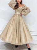 Sequin Gold A Line Off Shoulder Prom Dress With Ankle Length And Puffy Sleeves For Glam Red Carpet Ready Prom Night