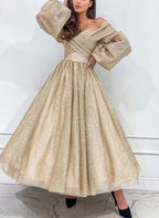 Sequin Gold A Line Off Shoulder Prom Dress With Ankle Length And Puffy Sleeves For Glam Red Carpet Ready Prom Night