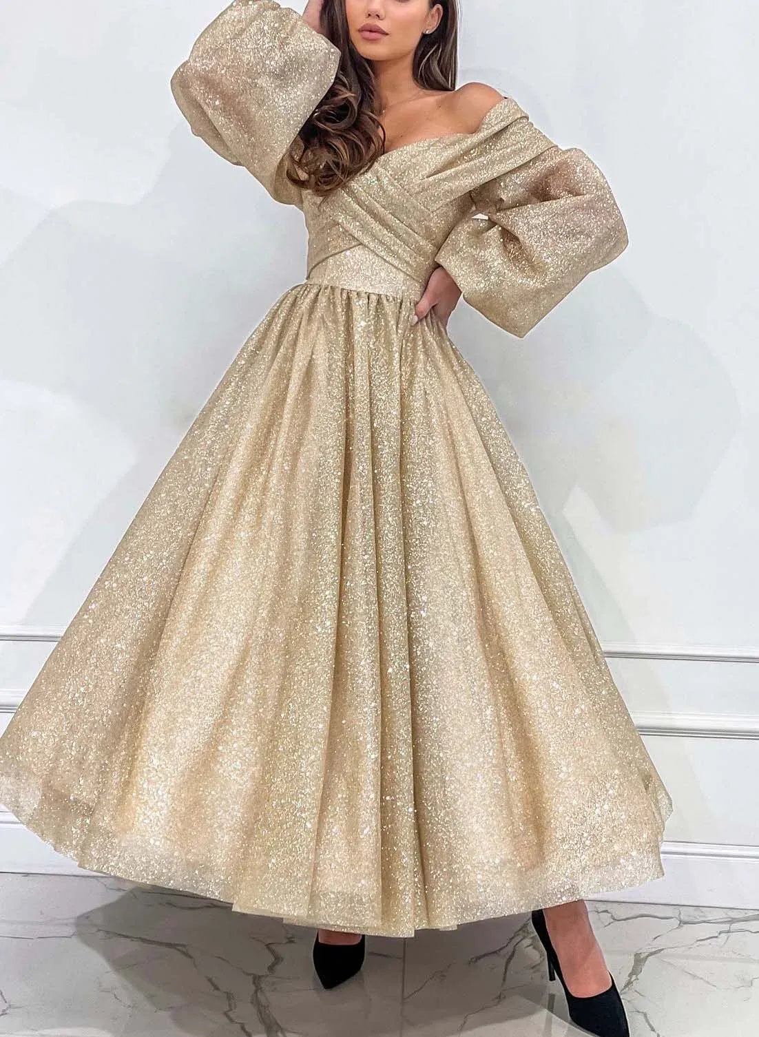 Sequin Gold A Line Off Shoulder Prom Dress With Ankle Length And Puffy Sleeves For Glam Red Carpet Ready Prom Night