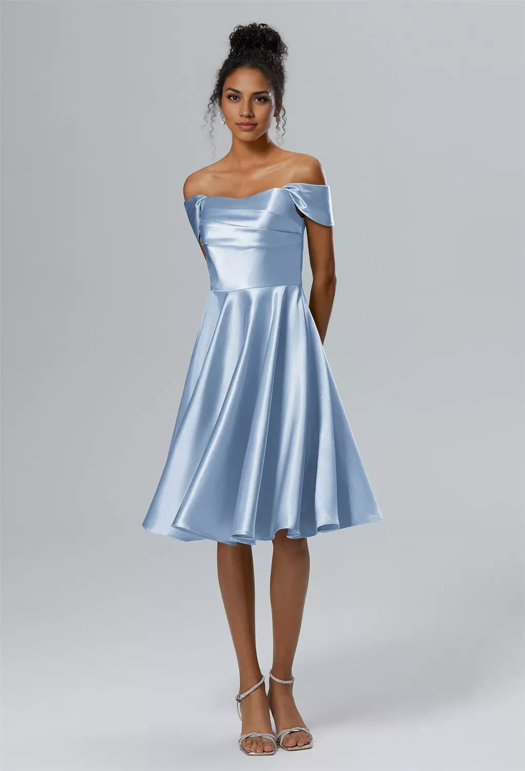 A-line Off the Shoulder Knee Length Cap Sleeves Prom Dresses Chic Ruching Petite Homecoming Dresses With Sleeves